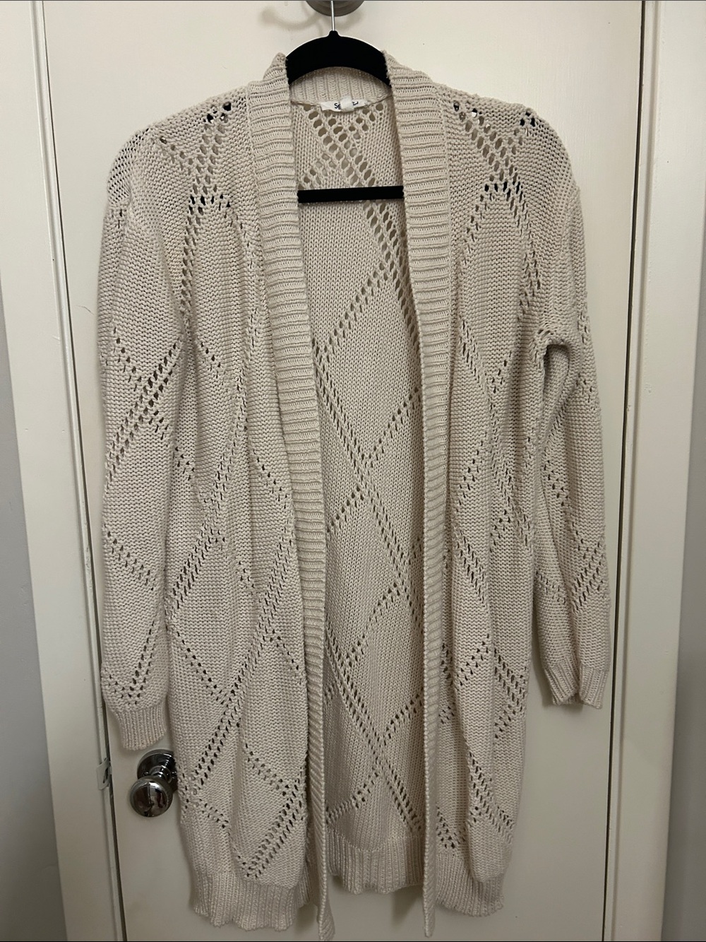 Splendid Cream Open-Front Diamond Knit Cardigan